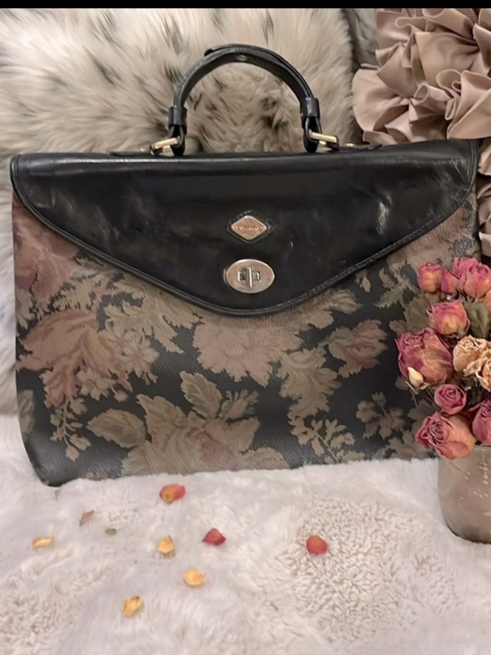 I Santi Vintage Floral Colorblock Leather Satchel Laptop Briefcase Bag Purse